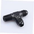 Black AN male flare tee with two side 1/2 NPT outlets, three-way pipe fitting