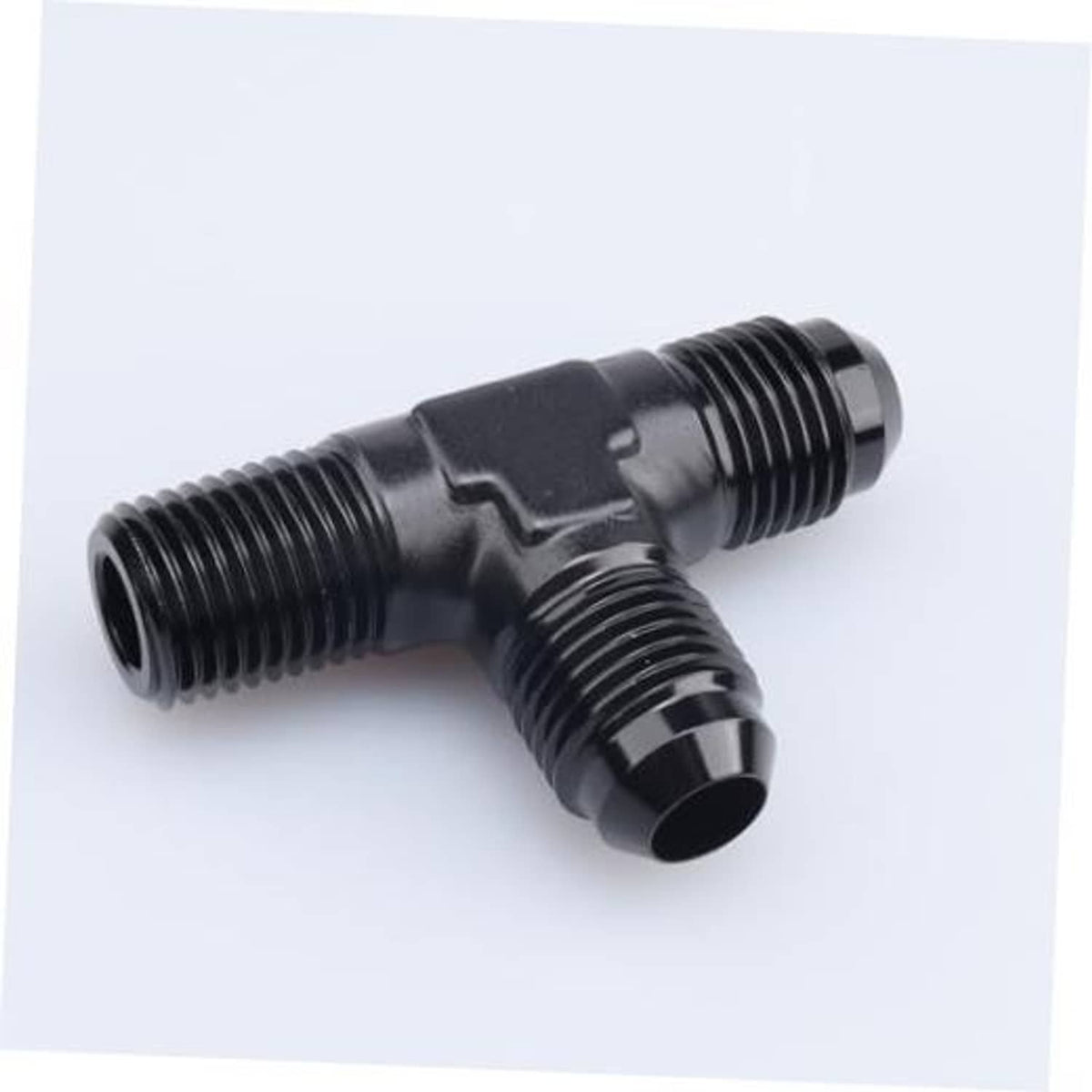Black AN male flare tee with two side 1/2 NPT outlets, three-way pipe fitting