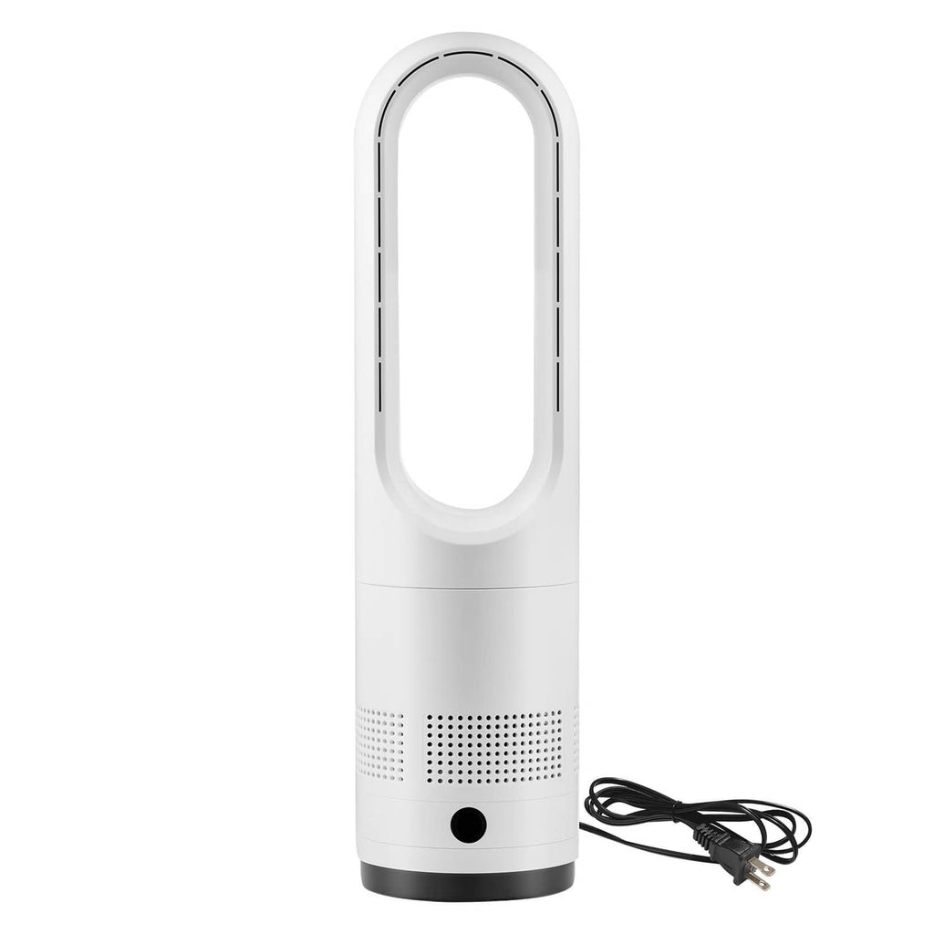White bladeless tower fan with oval airflow opening and base, with power cord.