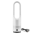 White bladeless tower fan with oval airflow opening and base, with power cord.