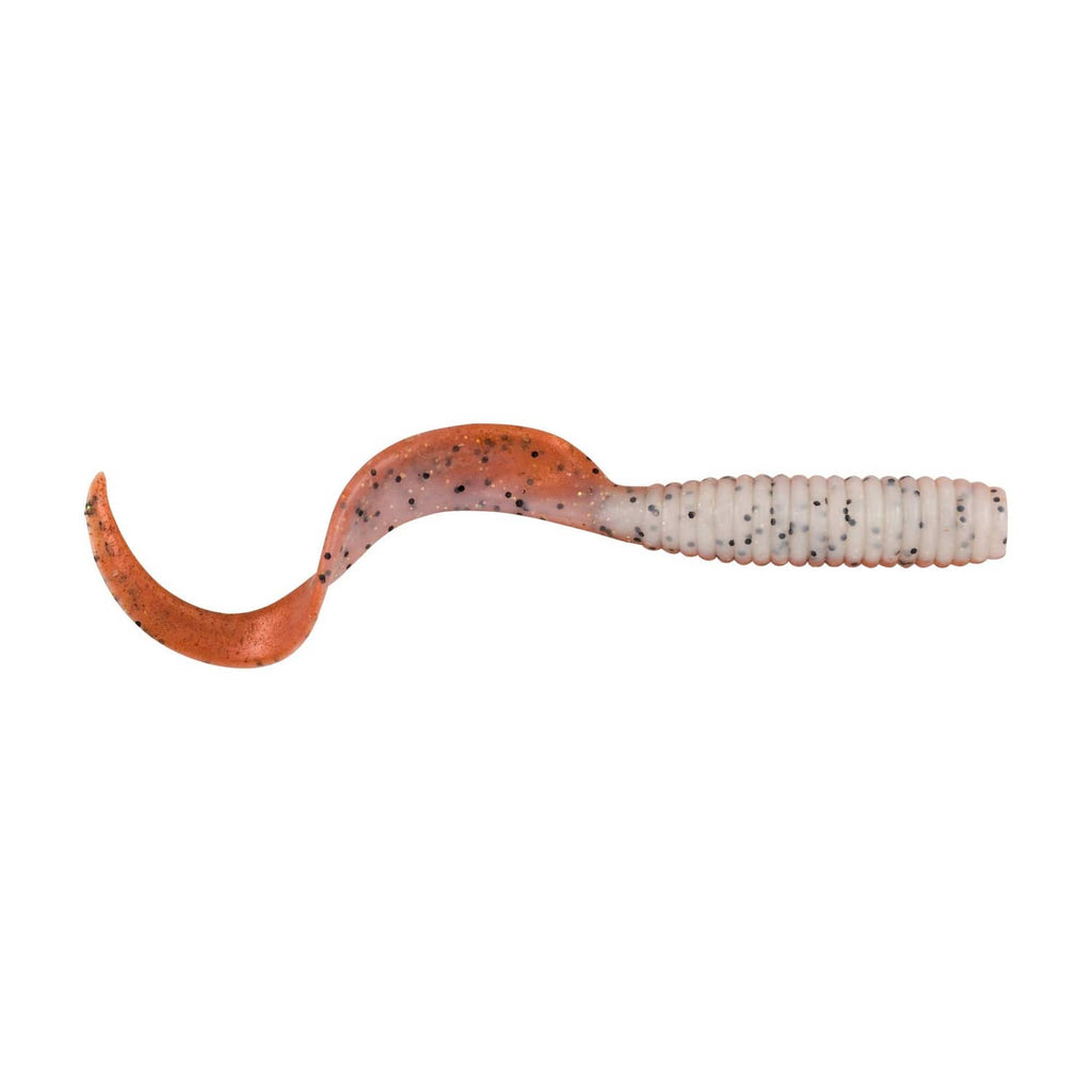 Orange and white speckled soft plastic worm lure with ribbed body and paddle tail