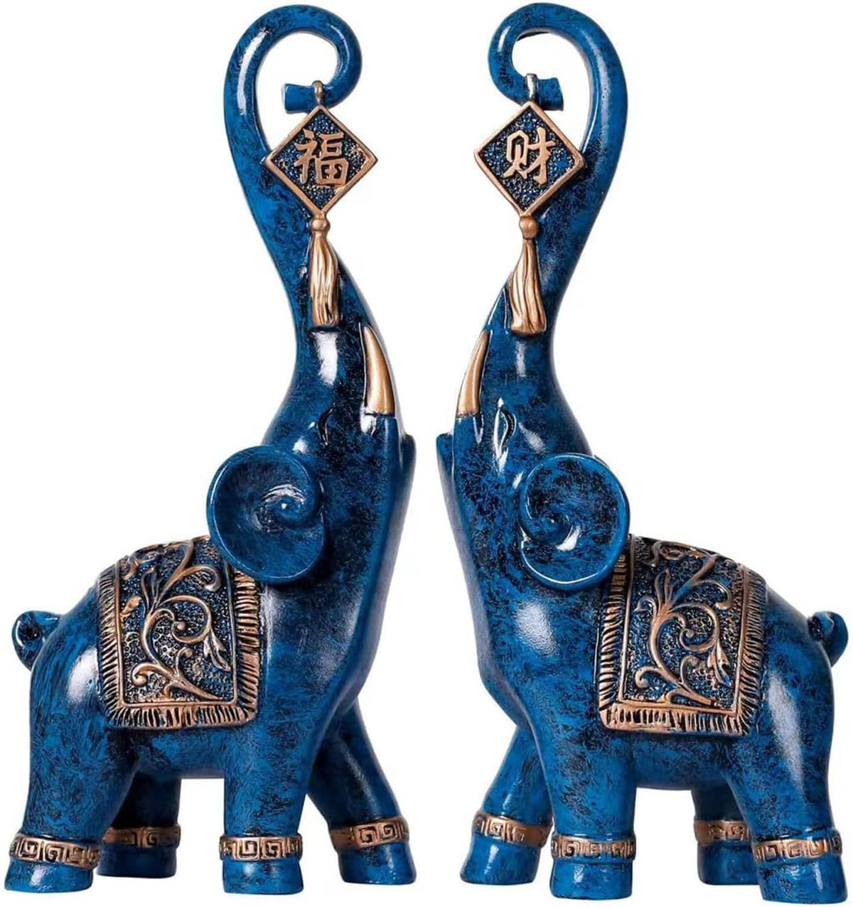 Pair of blue elephant figurines with hanging gold-and-dark diamond luck charms