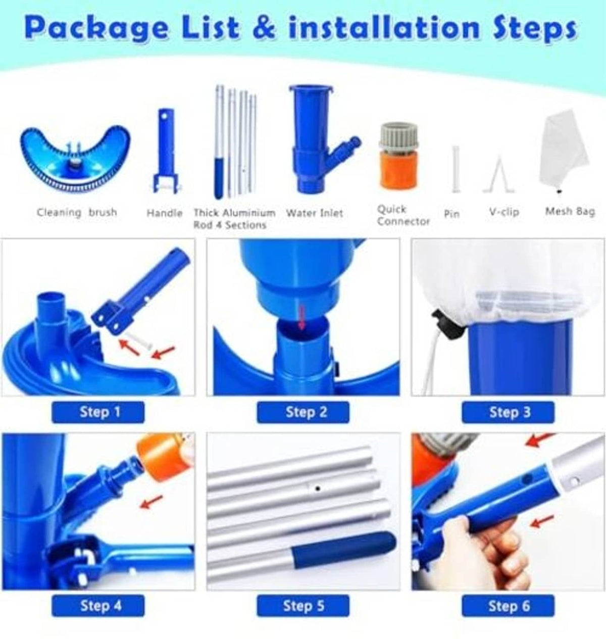 Pool vacuum cleaner kit parts: blue suction head, mesh bag, and aluminum pole sections