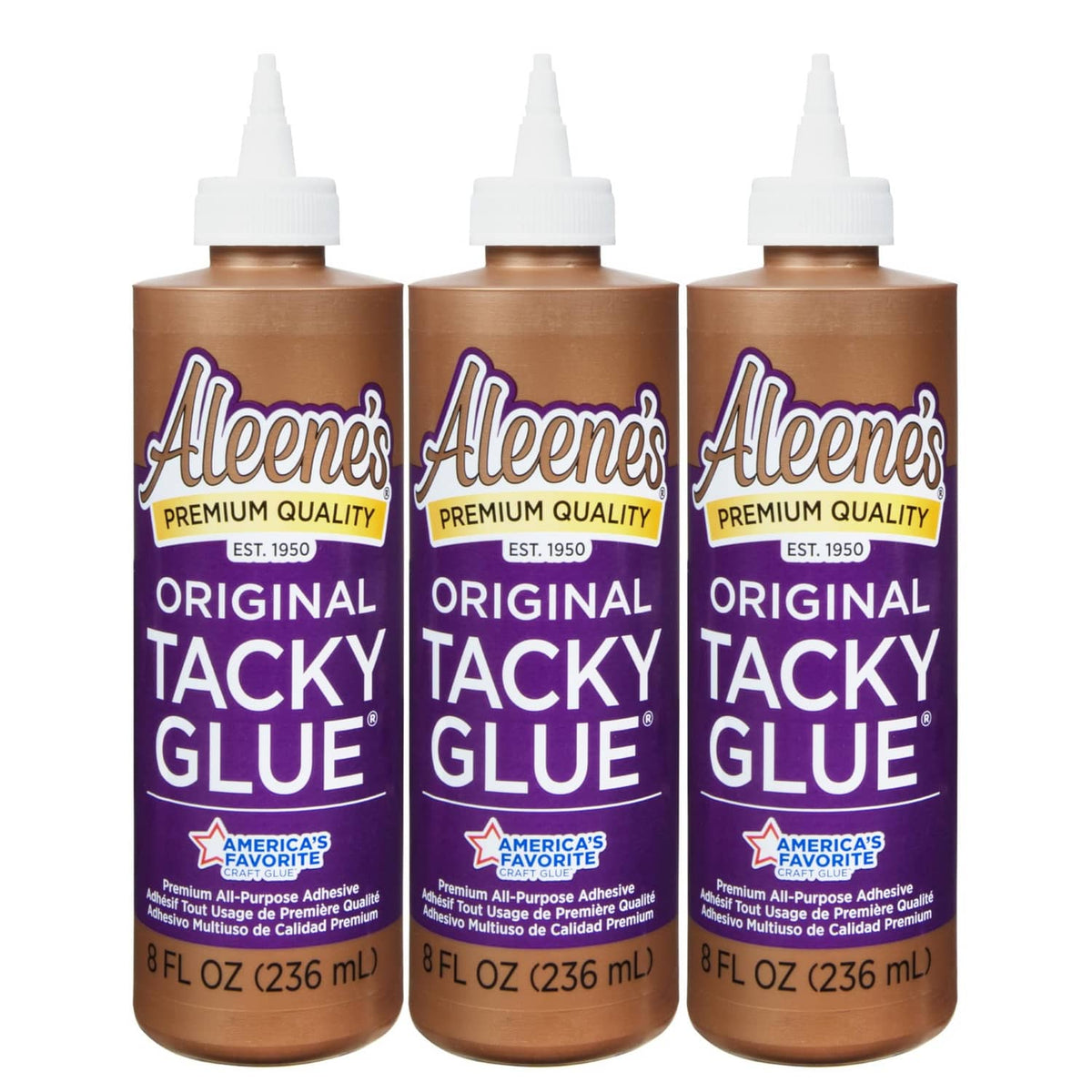 3-pack Original Tacky Glue bottles with white nozzles, brown labels