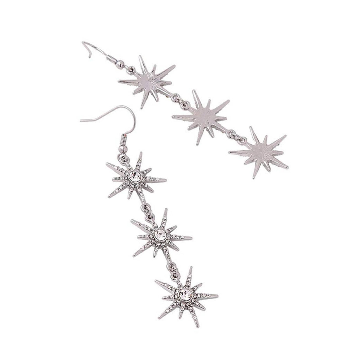 Snowflake dangle earrings, silver-toned with three starburst charms and crystal centers