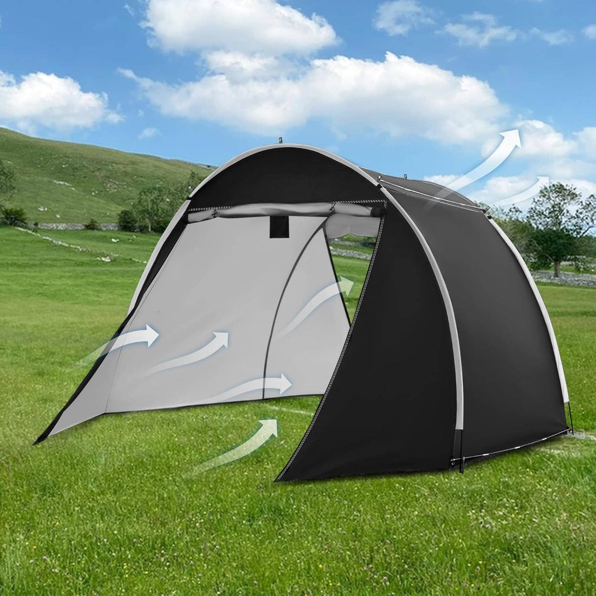 Bike storage tent with open front, black and gray panels, standing on a lawn