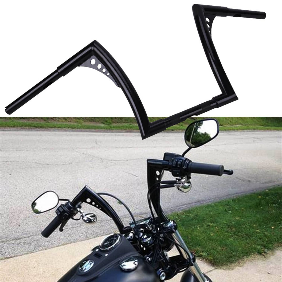 Black motorcycle handlebar risers installed on handlebars above front headlight
