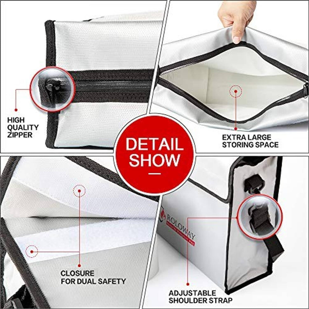 White fireproof bag with high-quality zipper and adjustable shoulder strap