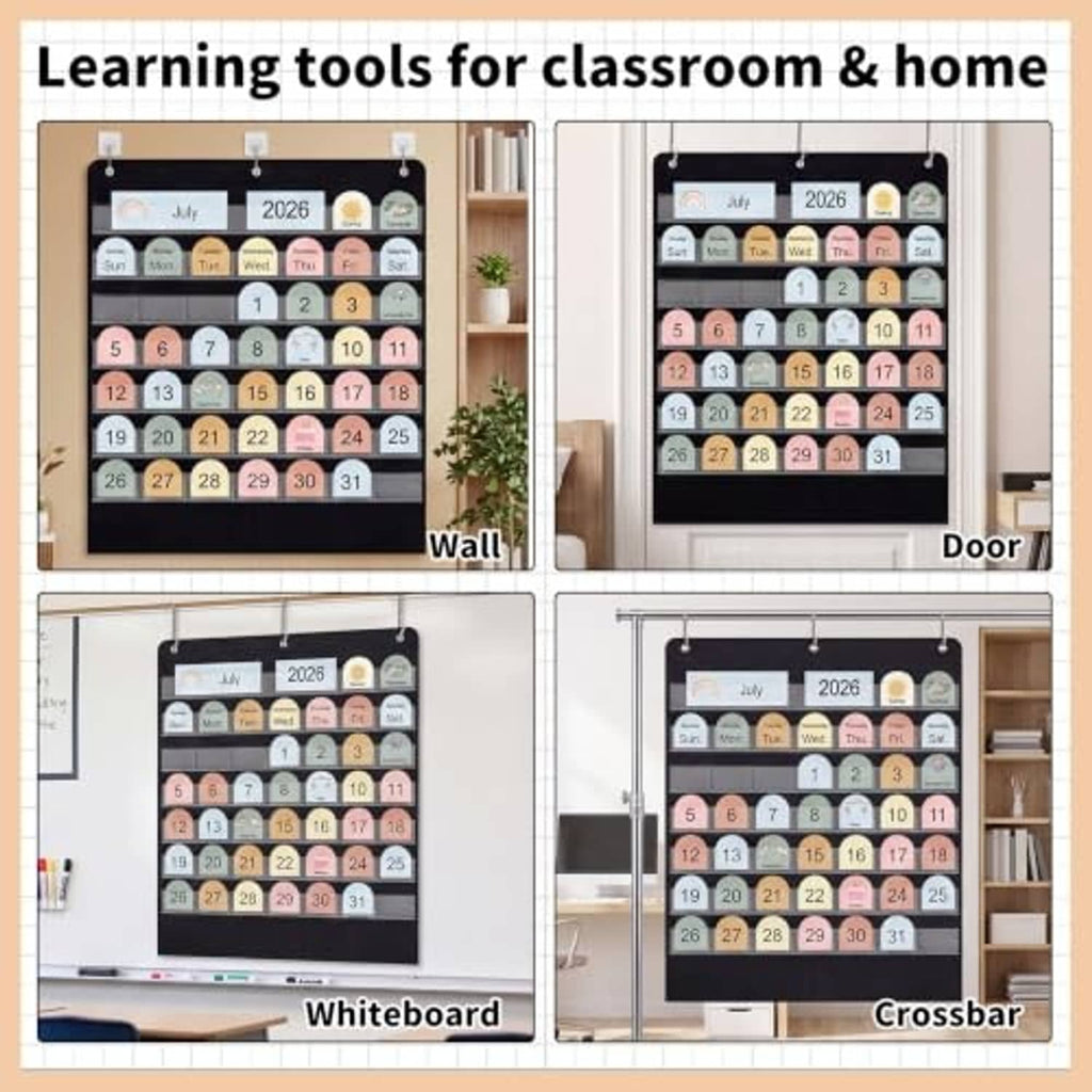 Black calendar pocket chart adaptable for wall, whiteboard, door, and crossbar mounting