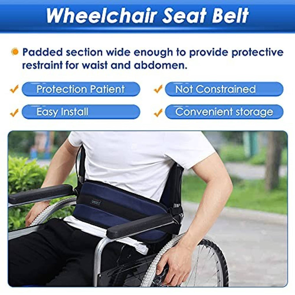 Wheelchair seat belt with wide padded section for waist and abdomen restraint