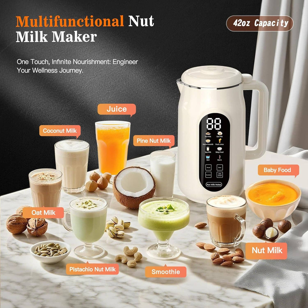 Cream nut milk maker machine with digital display, shown with cups of plant milk