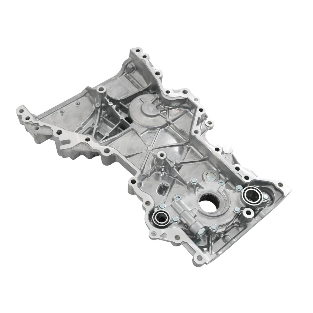 Engine timing cover oil pump assembly, silver casting with round center cover and bolt boss features