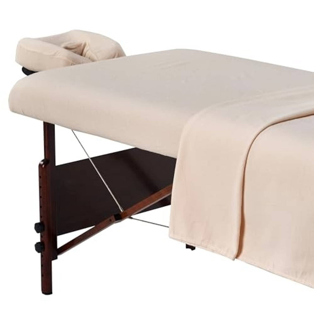Massage table cover sheet set, light beige flannel with fitted corner opening.