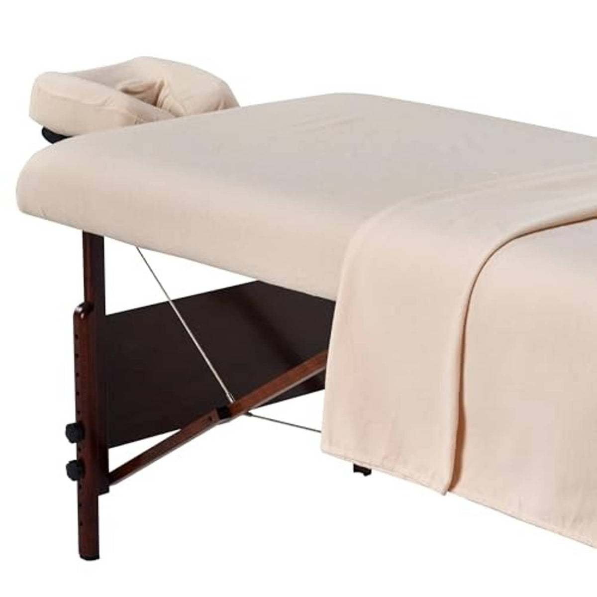 Massage table cover sheet set, light beige flannel with fitted corner opening.