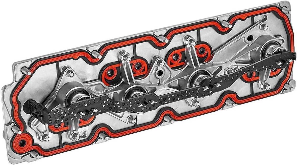 Valve cover with orange gasket border, rocker-style internal components, and spark plug areas