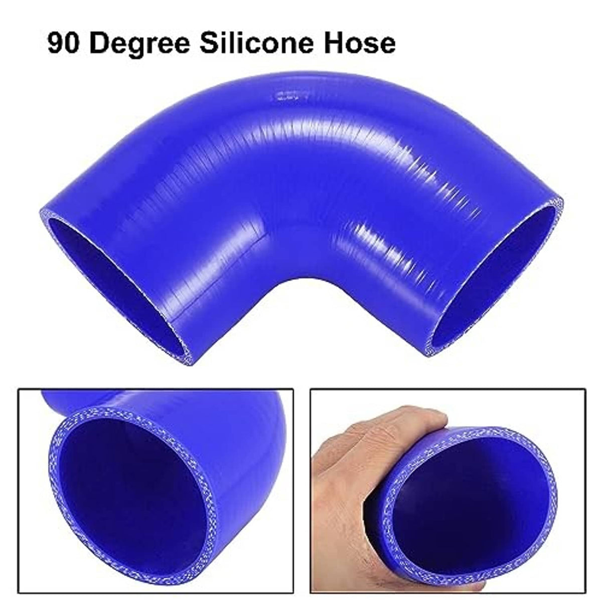 Blue 90-degree silicone hose elbow reducer showing both end openings and bend.