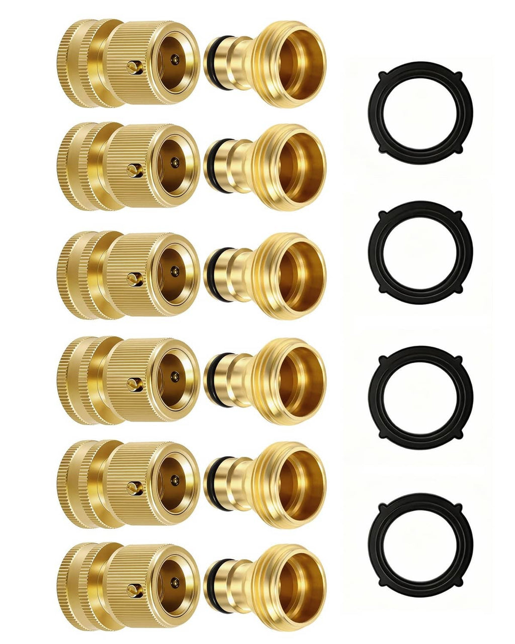 Set of gold brass quick-connect hose fittings with black O-ring seals