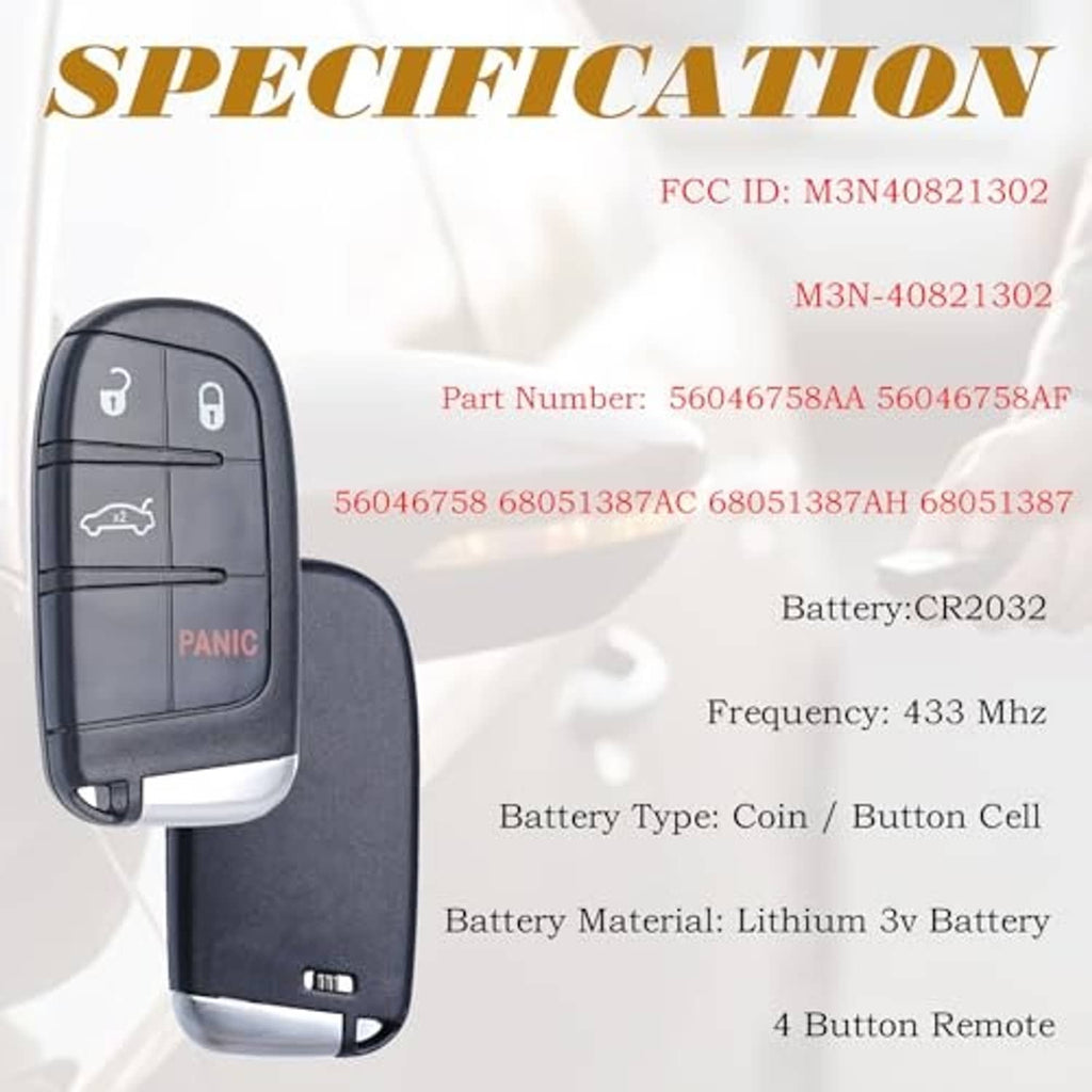Black 4-button smart key fob with FCC/part details and metal key blade.