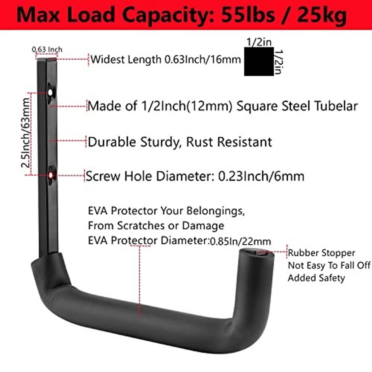 Black garage hook with square steel back and EVA protective coating on curved arm