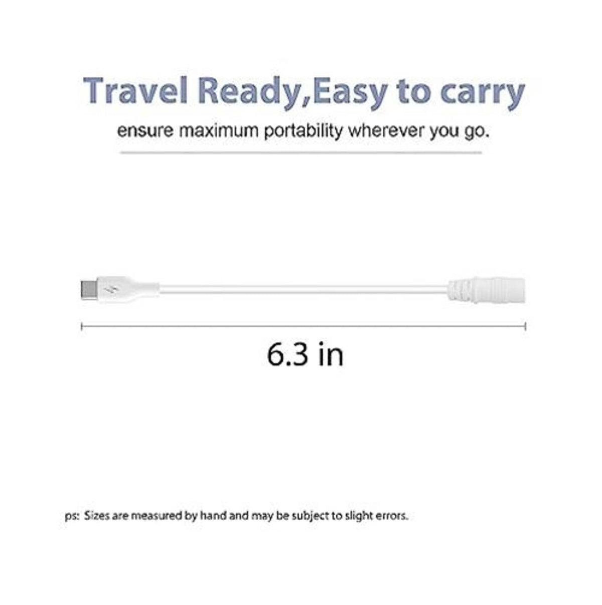 USB-C to barrel plug replacement adapter cable, white, travel-ready compact design