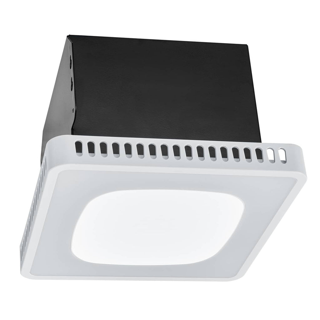 Bathroom ceiling ventilation fan with white light diffuser and black vent housing