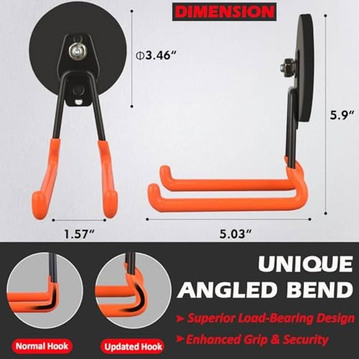 Angled orange U-hook with black magnetic base; side and front size diagram