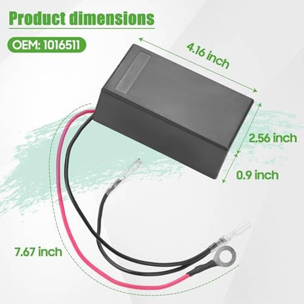 Black rev limiter module with wire harness and ring terminal; product dimensions