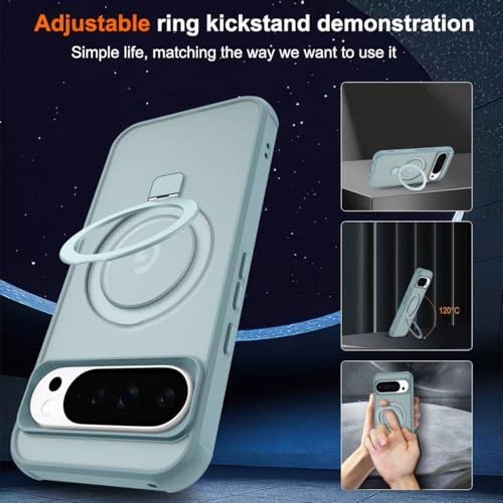 Teal phone case with ring kickstand and camera cutout, front and side ports visible