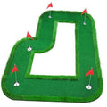 Modular green putting mat with red flag holes and multiple practice lanes