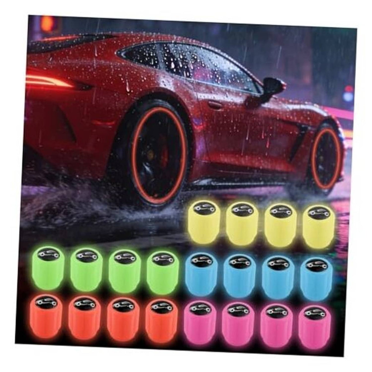 Set of glow-in-the-dark tire valve caps in multiple colors, each with black top and stripes