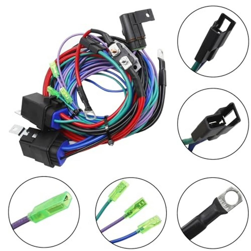 Wiring harness with black module housings, multi-color wires, and crimped ring terminals
