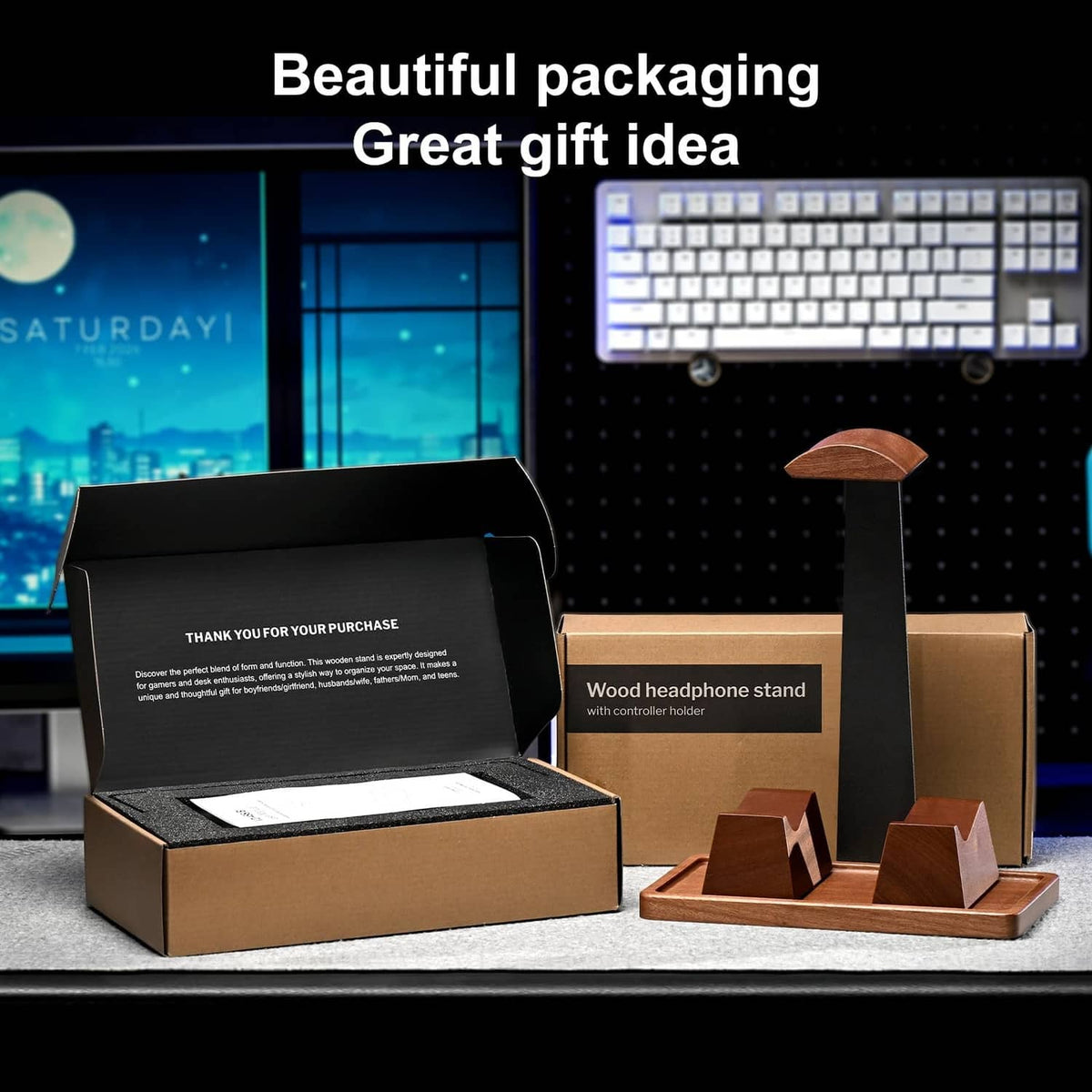 Wood headphone stand with two controller holders displayed with gift-ready packaging