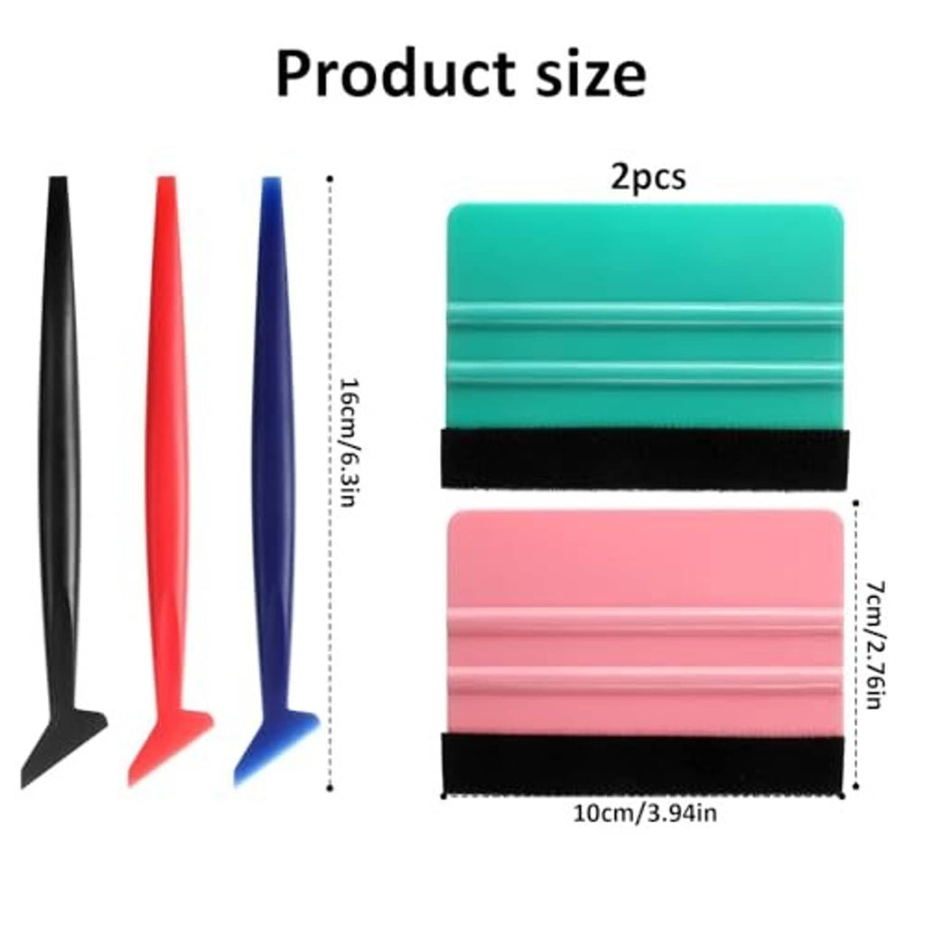 5-pack vinyl squeegee set with felt pads, black/red/blue blades and green/pink blocks