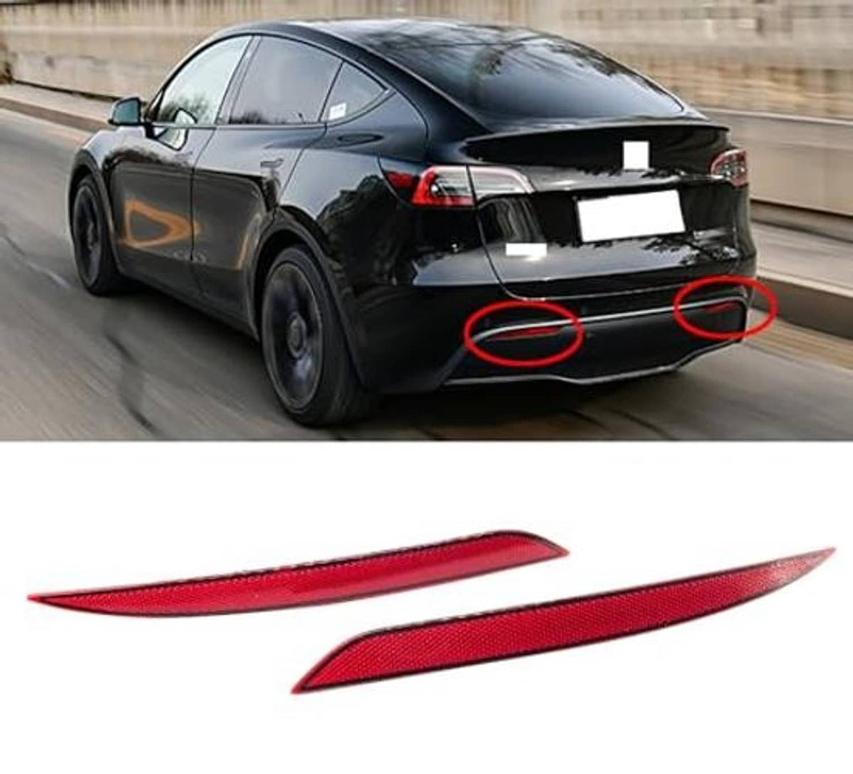 Rear of Tesla Model Y showing red marker light reflectors on bumper