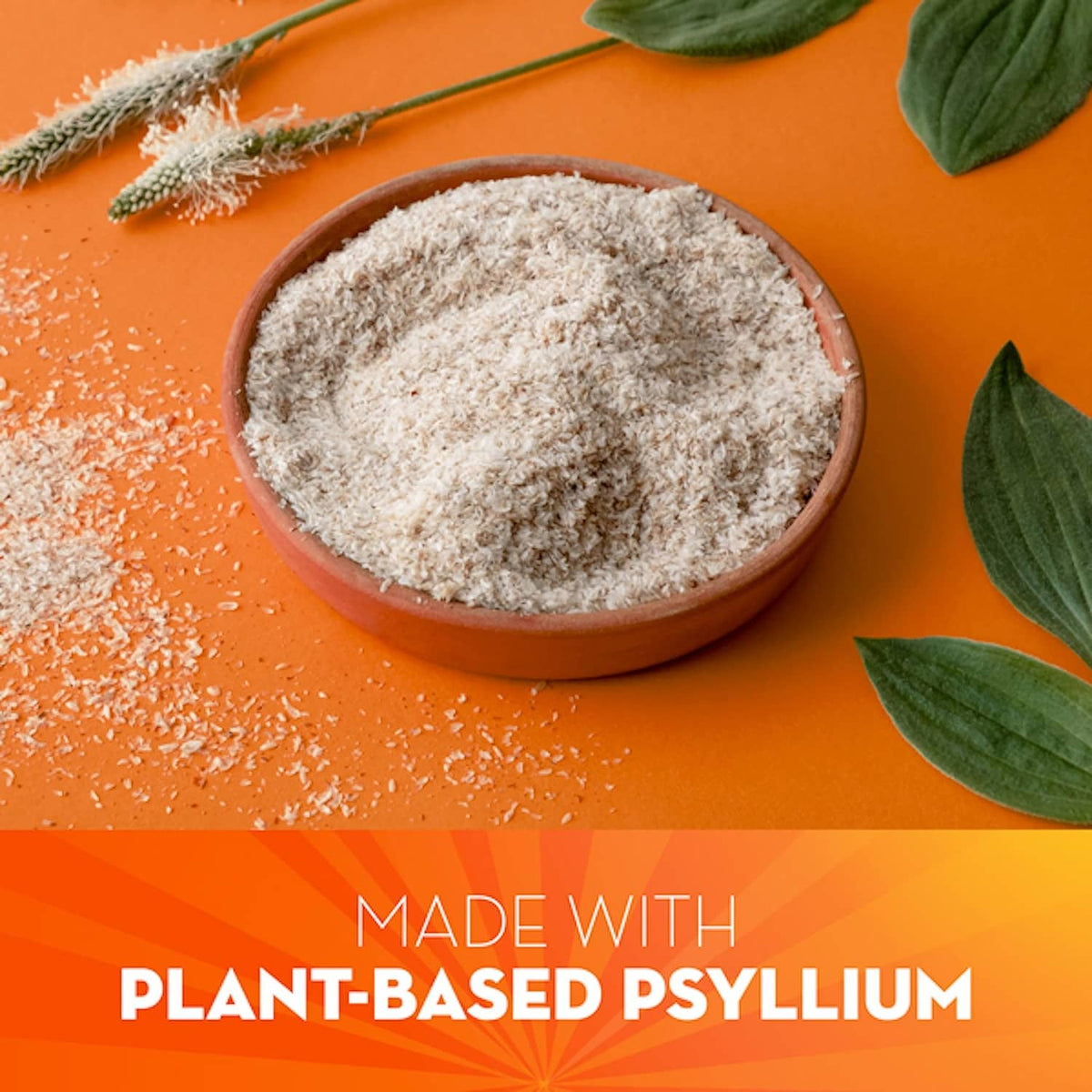 Psyllium husk powder in bowl with plant-based ingredients sprig and leaves