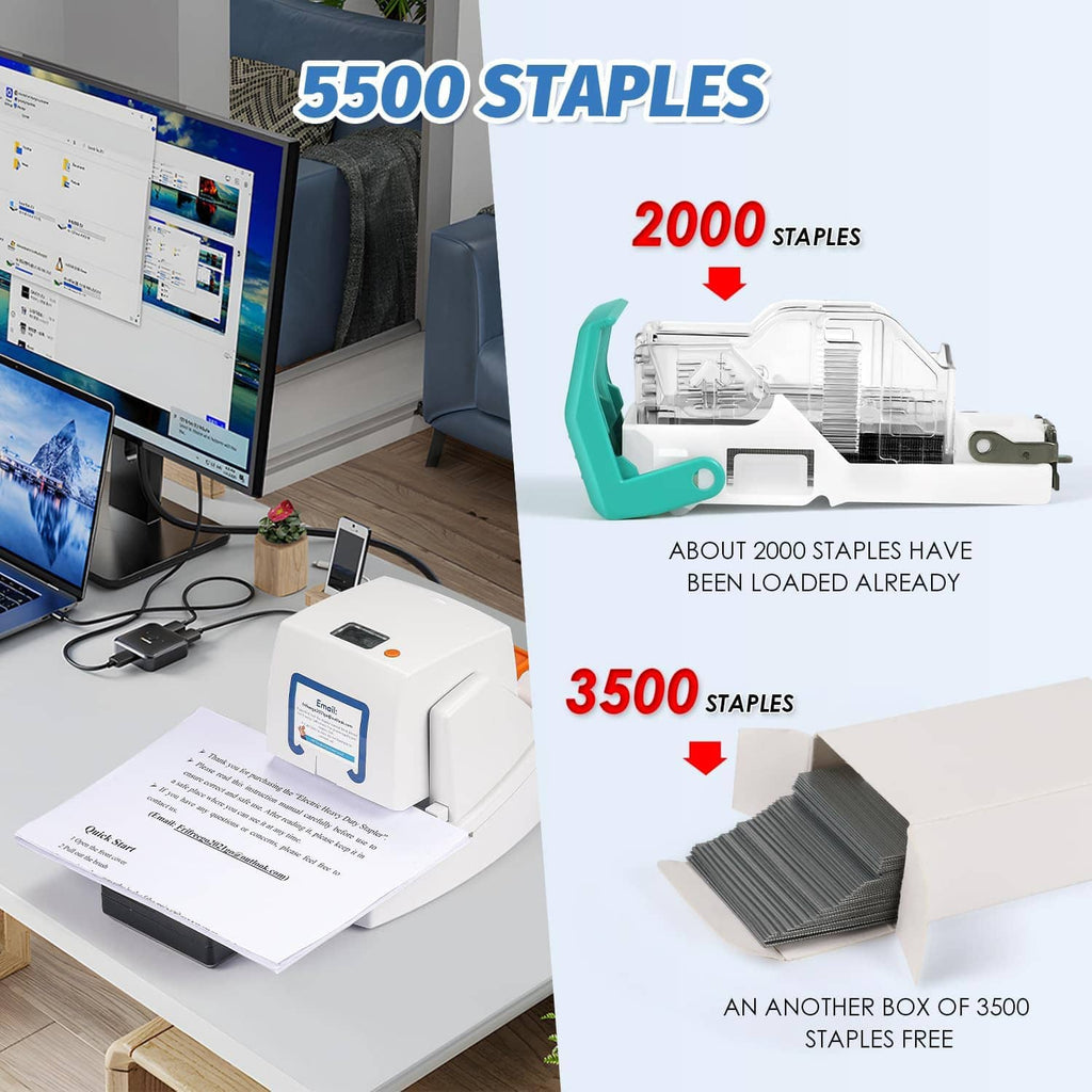 White electric stapler showing 5500 staples loading capacity infographic
