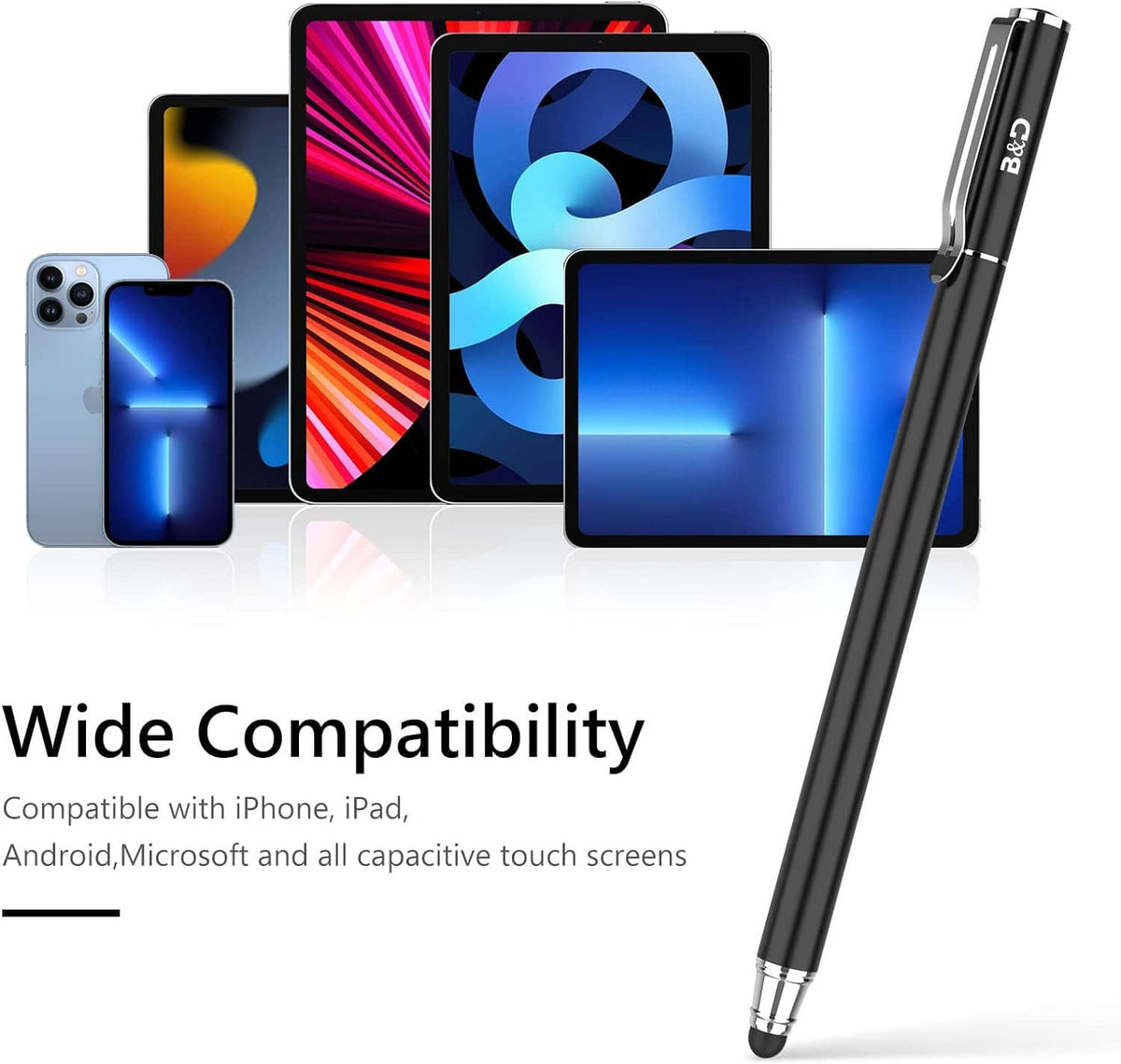 Black touch screen stylus pen next to tablet and smartphone screens