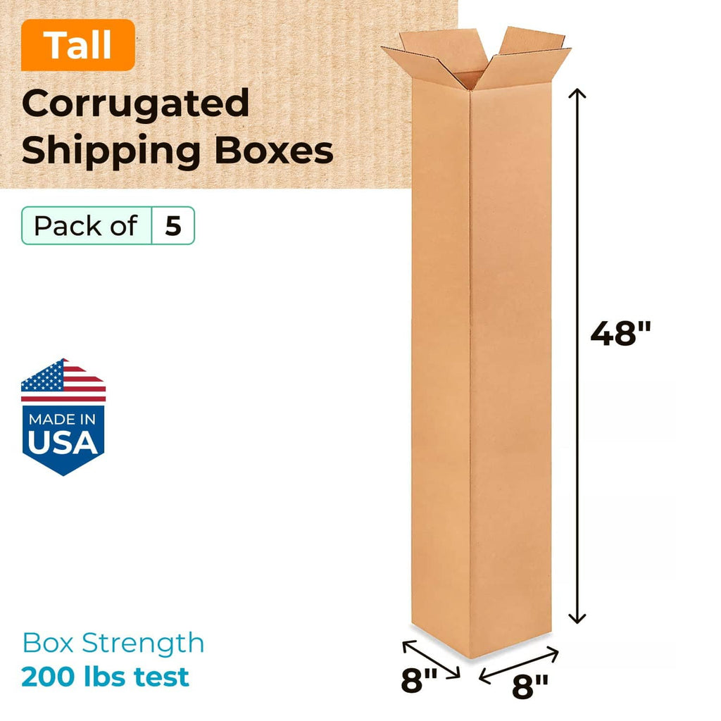 Tall corrugated shipping box shown upright, 8 in x 8 in x 48 in
