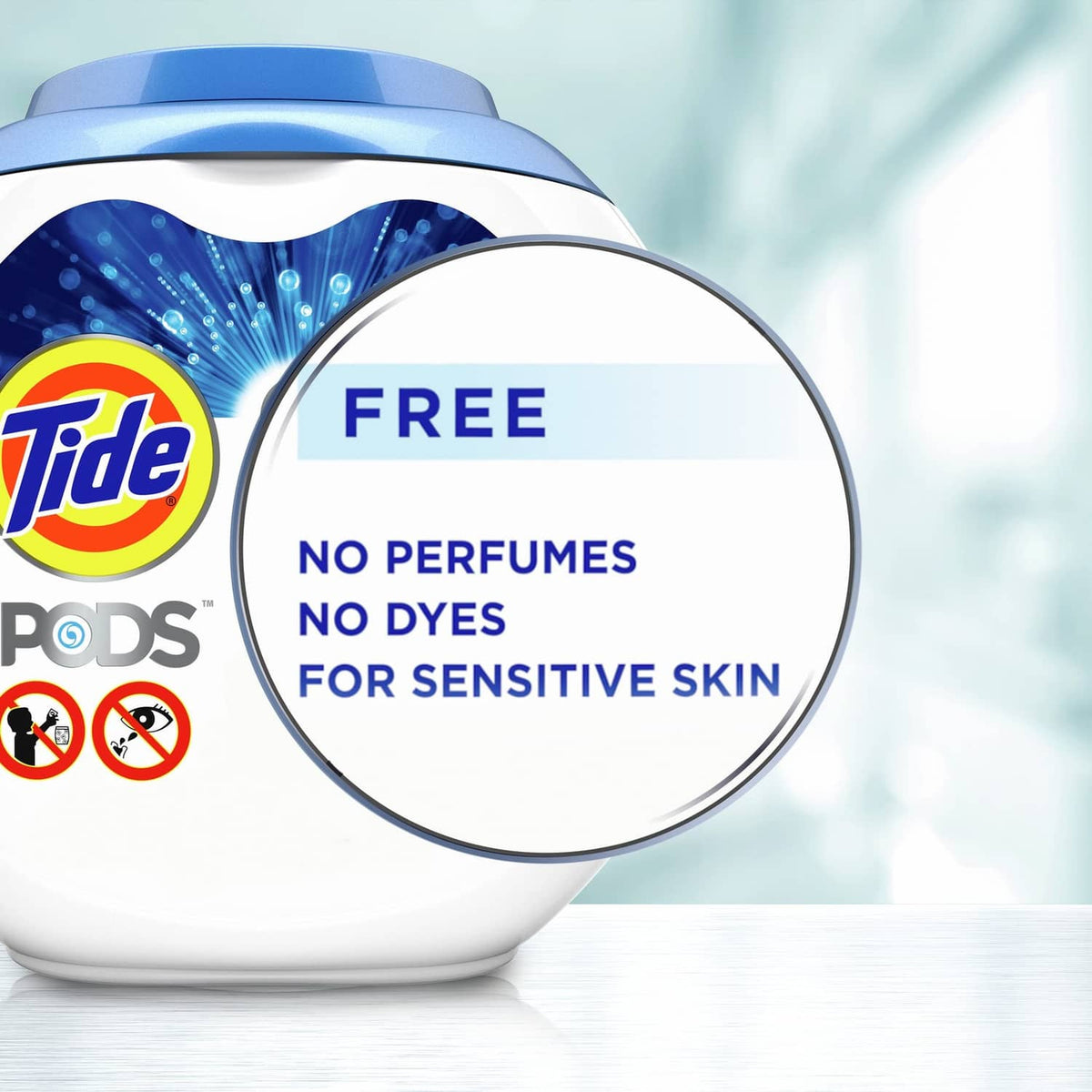 Tide laundry detergent pods label: free from perfumes and dyes for sensitive skin