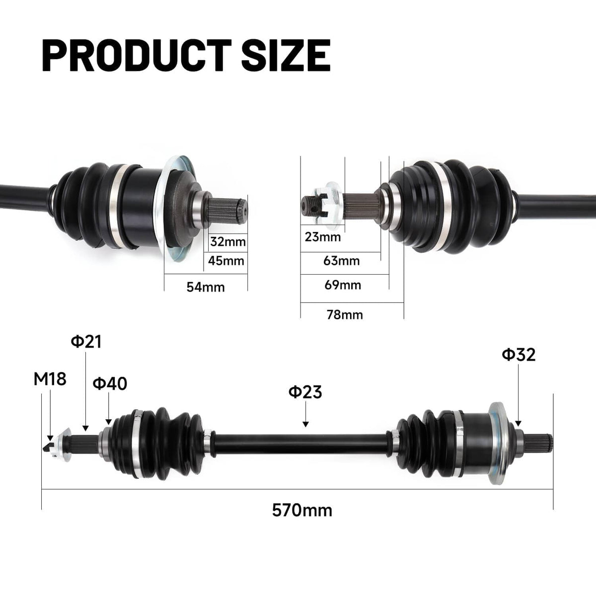 CV joint axle pair with dimension diagram, black boots, and metal end flanges
