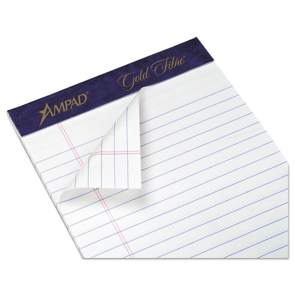 White legal-rule writing pad with blue header, sheet corner lifted