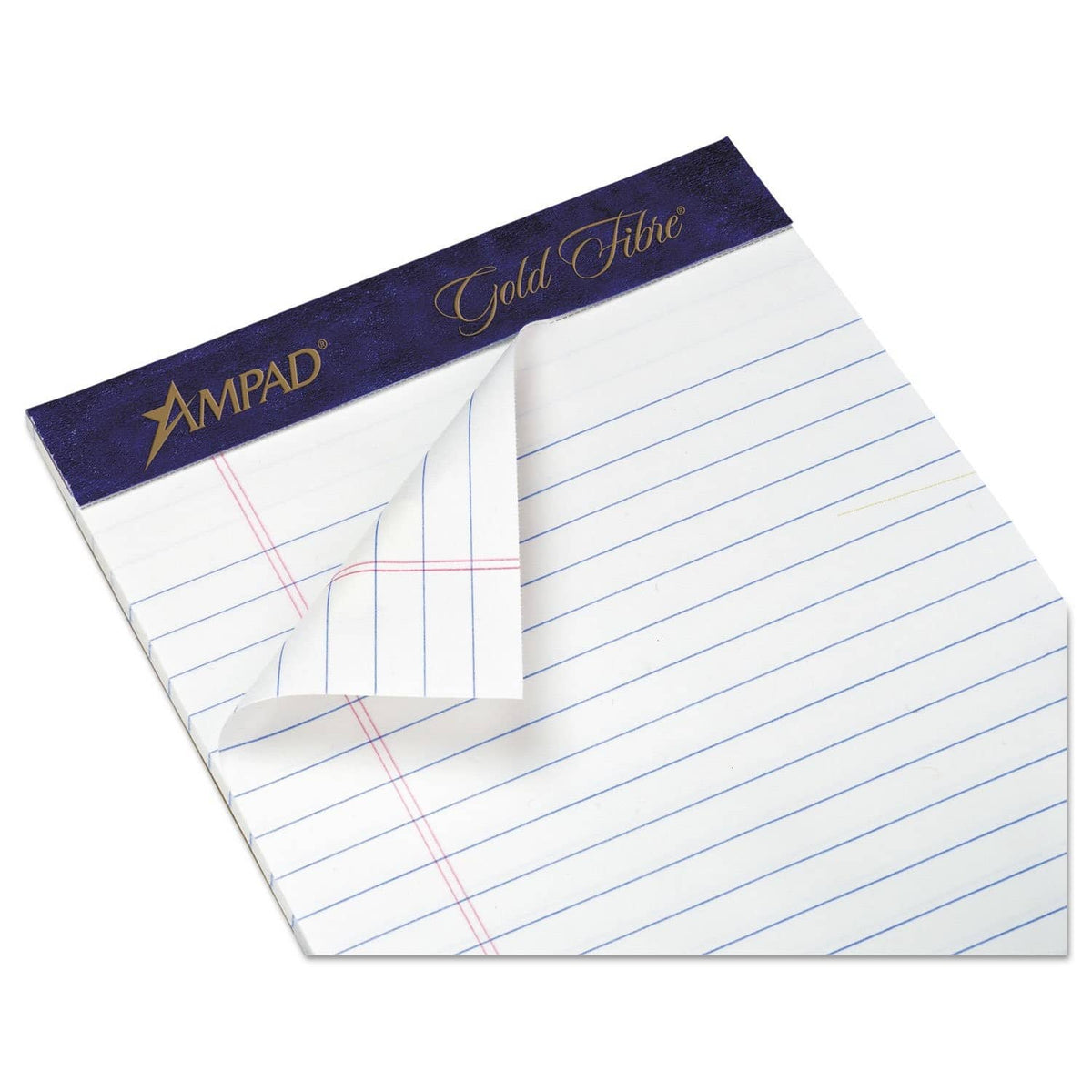 White legal-rule writing pad with blue header, sheet corner lifted