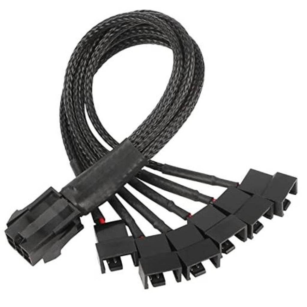 Black braided PCIe 6-pin to six 3/4-pin fan power splitter cable harness