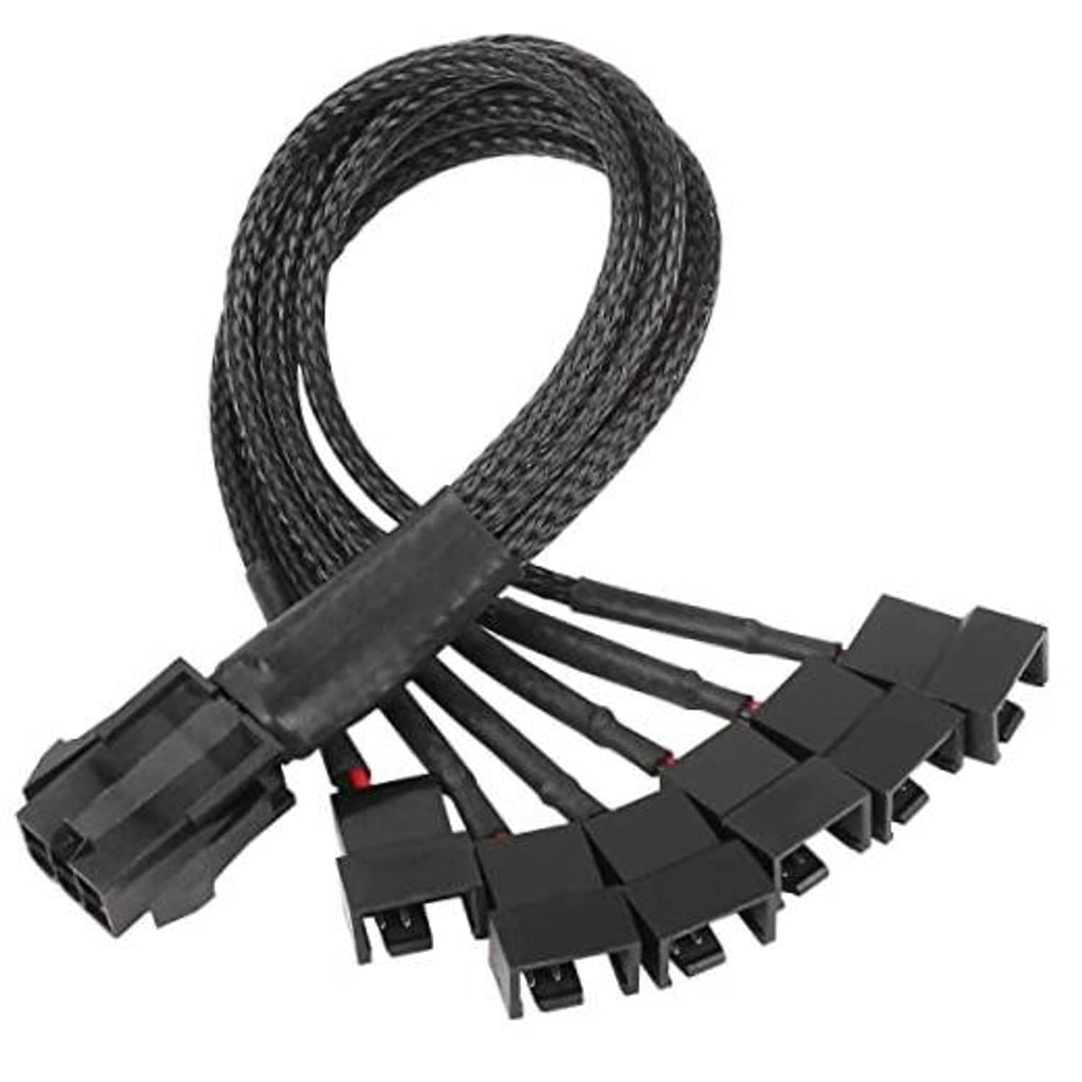 Black braided PCIe 6-pin to six 3/4-pin fan power splitter cable harness