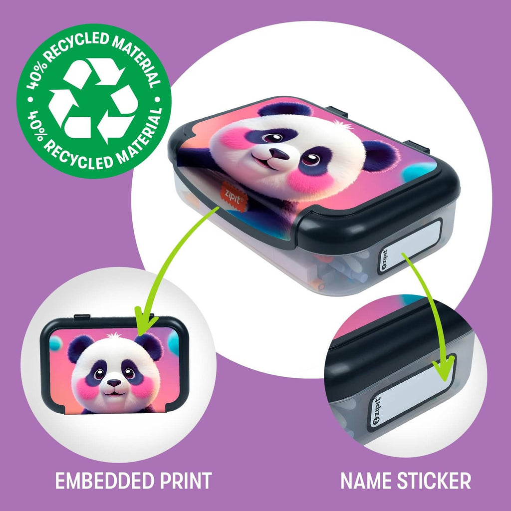 ZIPIT recycled plastic pencil box with panda print and embedded name sticker window