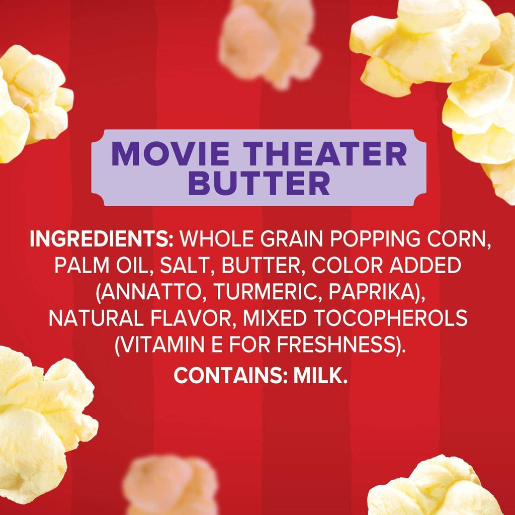 Movie theater butter microwave popcorn ingredients panel; contains milk