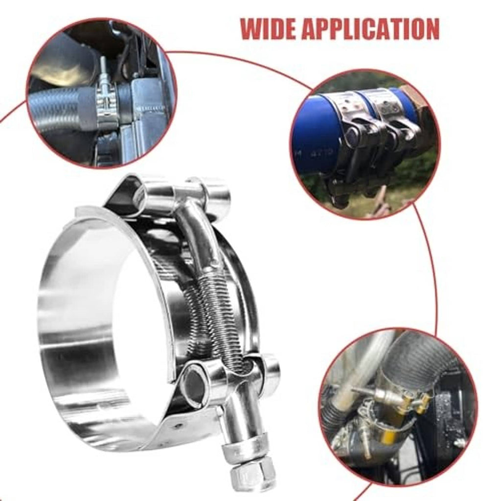 Stainless steel T-bolt hose clamp with coupling end and side mounting bolts
