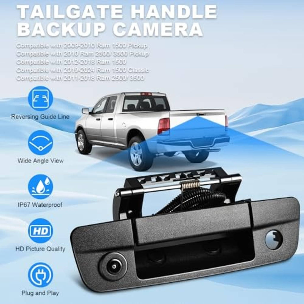 Rear tailgate handle backup camera with bracket and coiled wiring harness