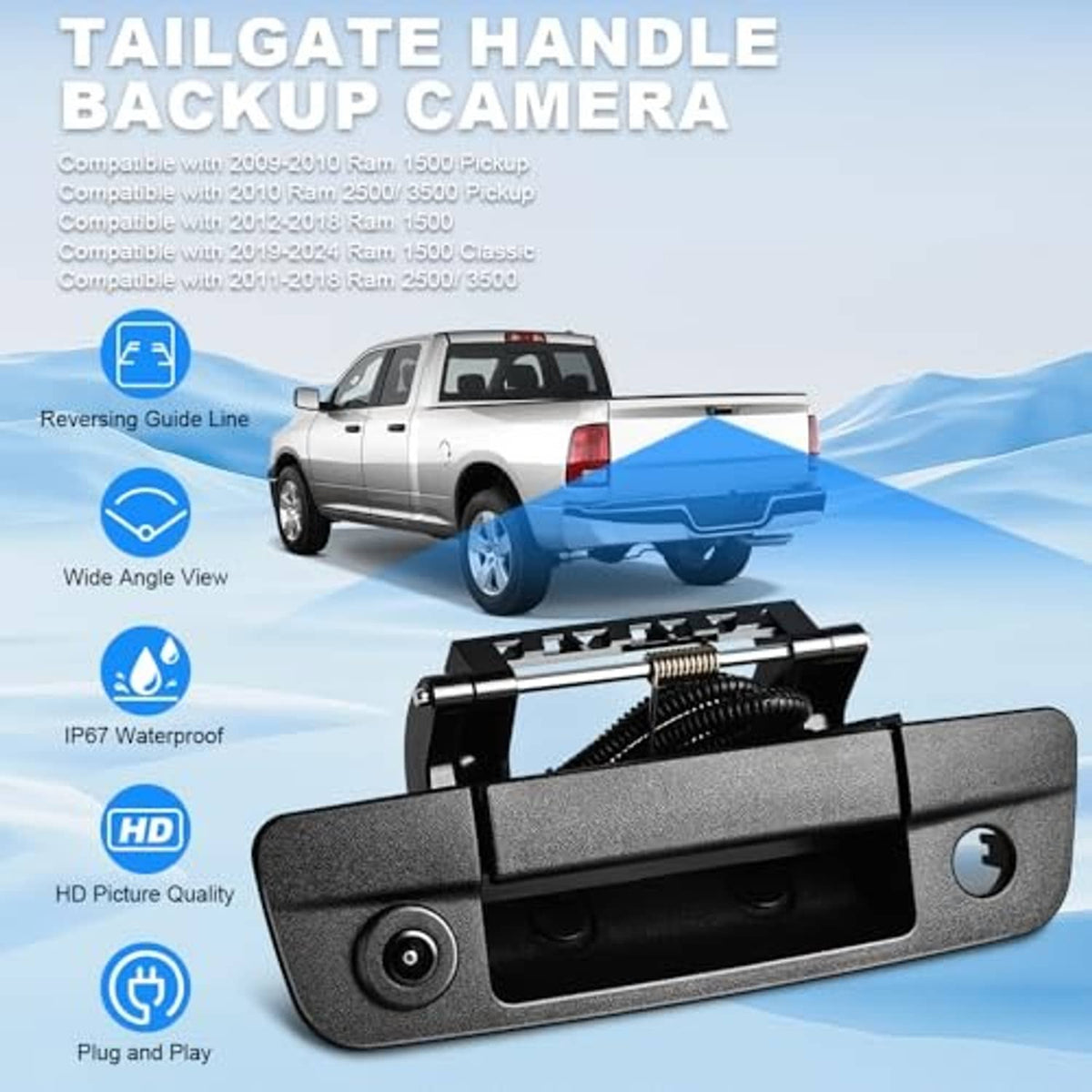 Rear tailgate handle backup camera with bracket and coiled wiring harness