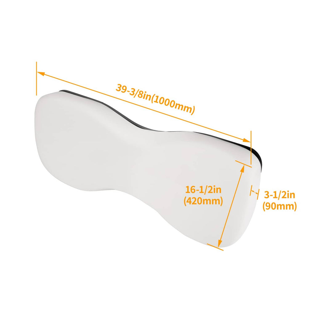 Curved white seat backrest cushion with tapered ends